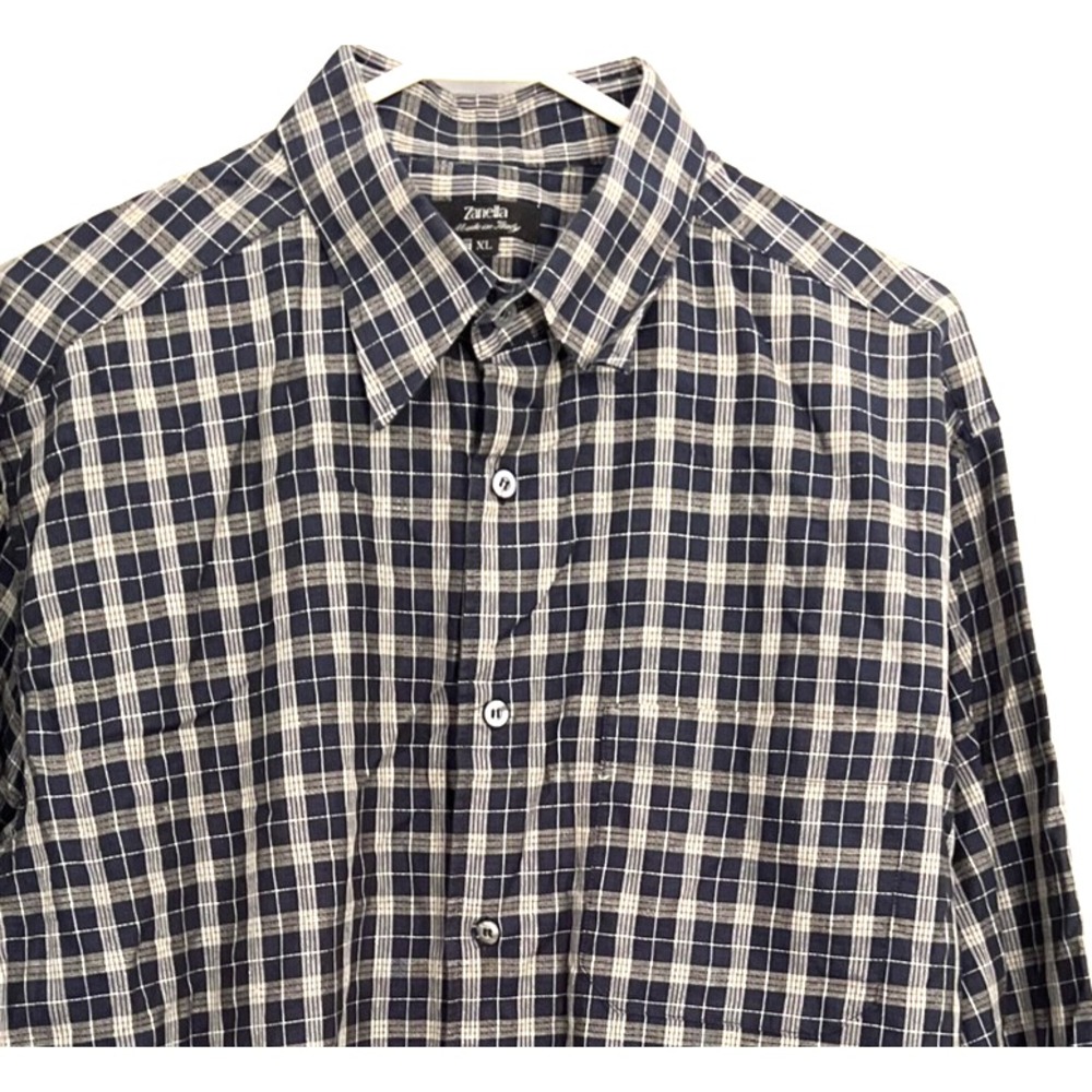 Zanella Plaid Shirt Men XL Navy Beige Long Sleeve Button Up Collared Italy